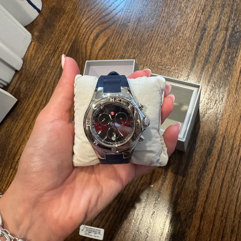 Michele Silver-Tone Case Watch with Black Strap